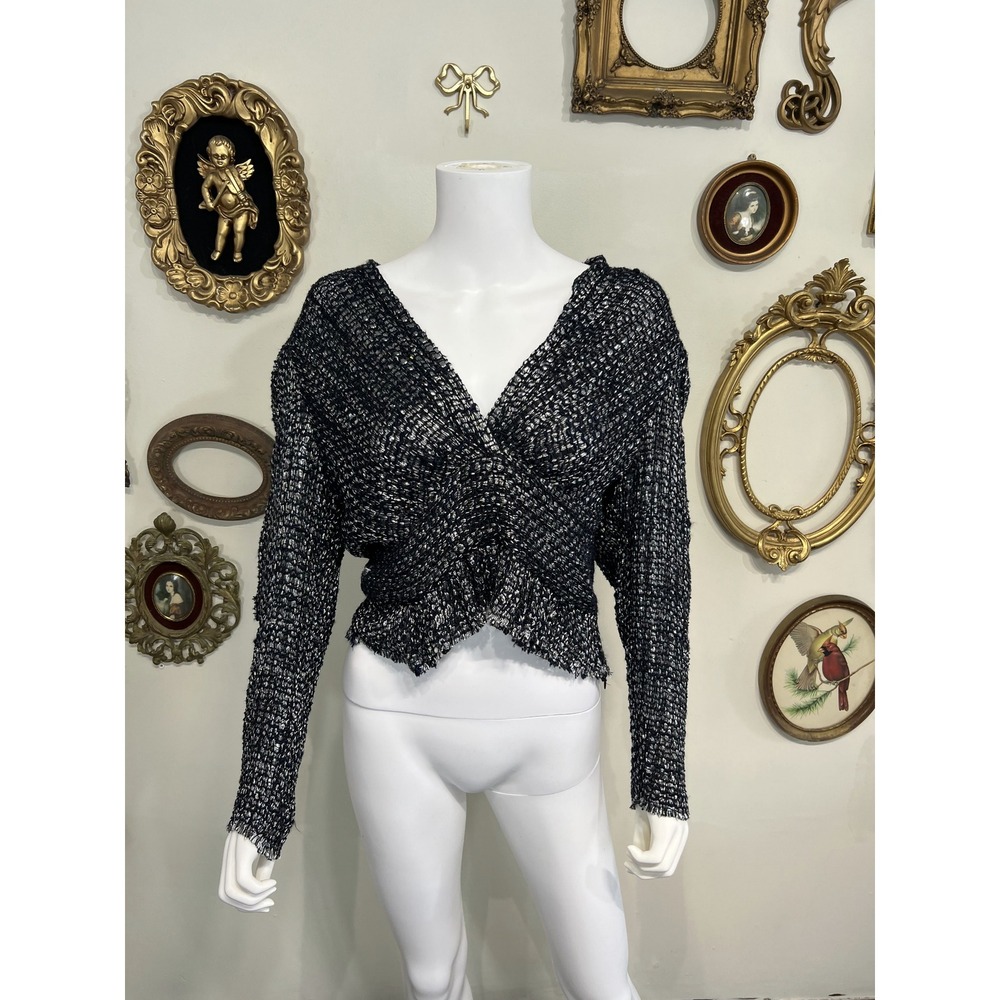 IRO Paris Metallic Silver & Black V-Neck Long Sleeve Blouse Size 40